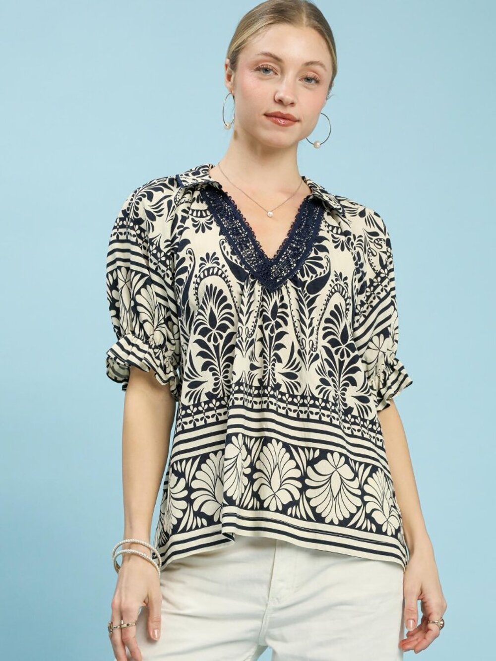 Umgee Two Tone Boarder Print Top